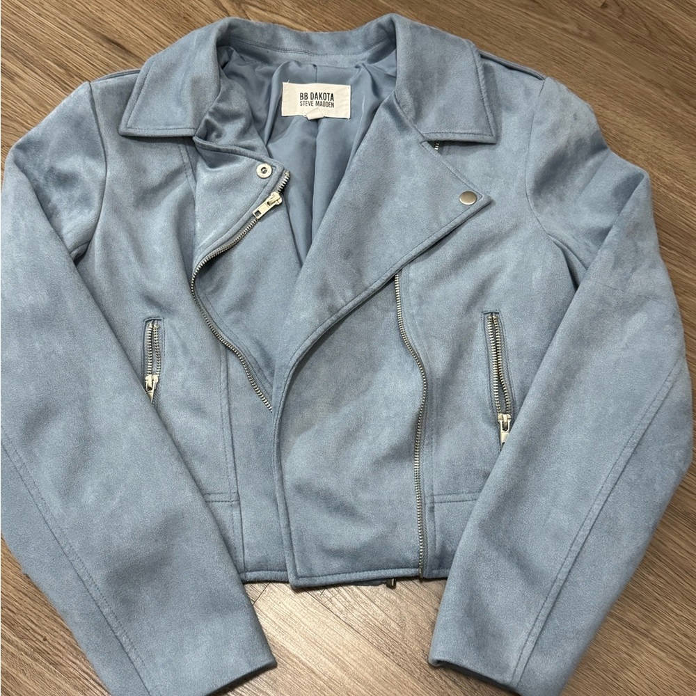 BB Dakota Steve Madden Blue Leather Moto Jacket Asymmetrical Design
